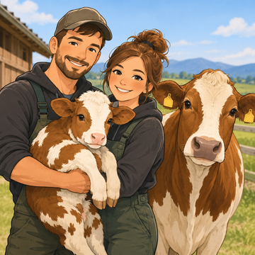 Happy Farmers with Calf and Cow